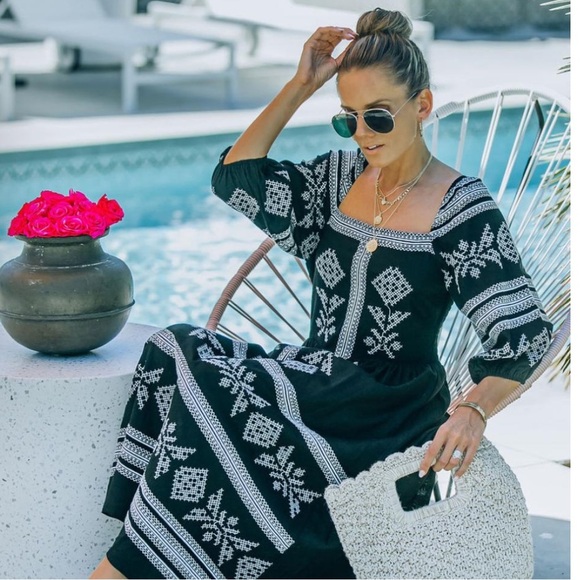 Strut & Bolt Boho Peasant Black Embroidered Linen Blend Midi Dress, Size S - Picture 16 of 16